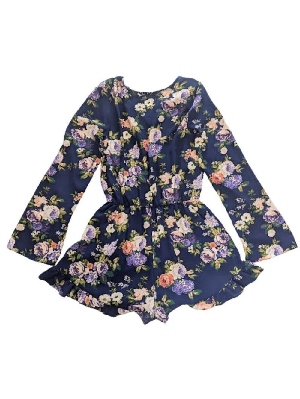 Honey Punch Navy Floral Wrap Romper – Long Sleeve, Ruffle Hem, Boho Romantic - Picture 2 of 8